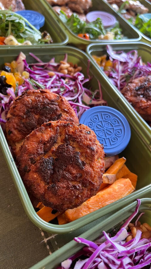 Baked Tuna Patties with Red Cabbage Salad and Roasted Sweet potato